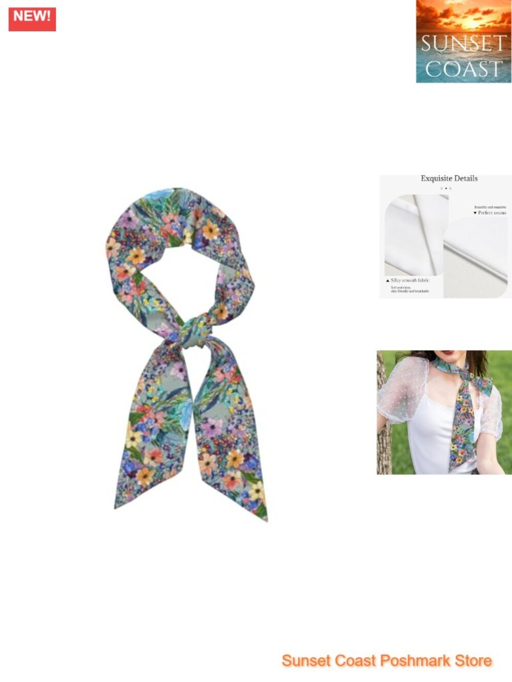 Satin Silk Feel Floral Neck Hair Scarf Thin Wrap Band